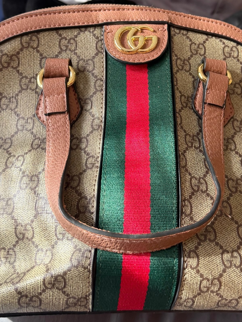 Gucci Brown Monogram Duffel with Green-Red Web Stripe and Gold Hardware